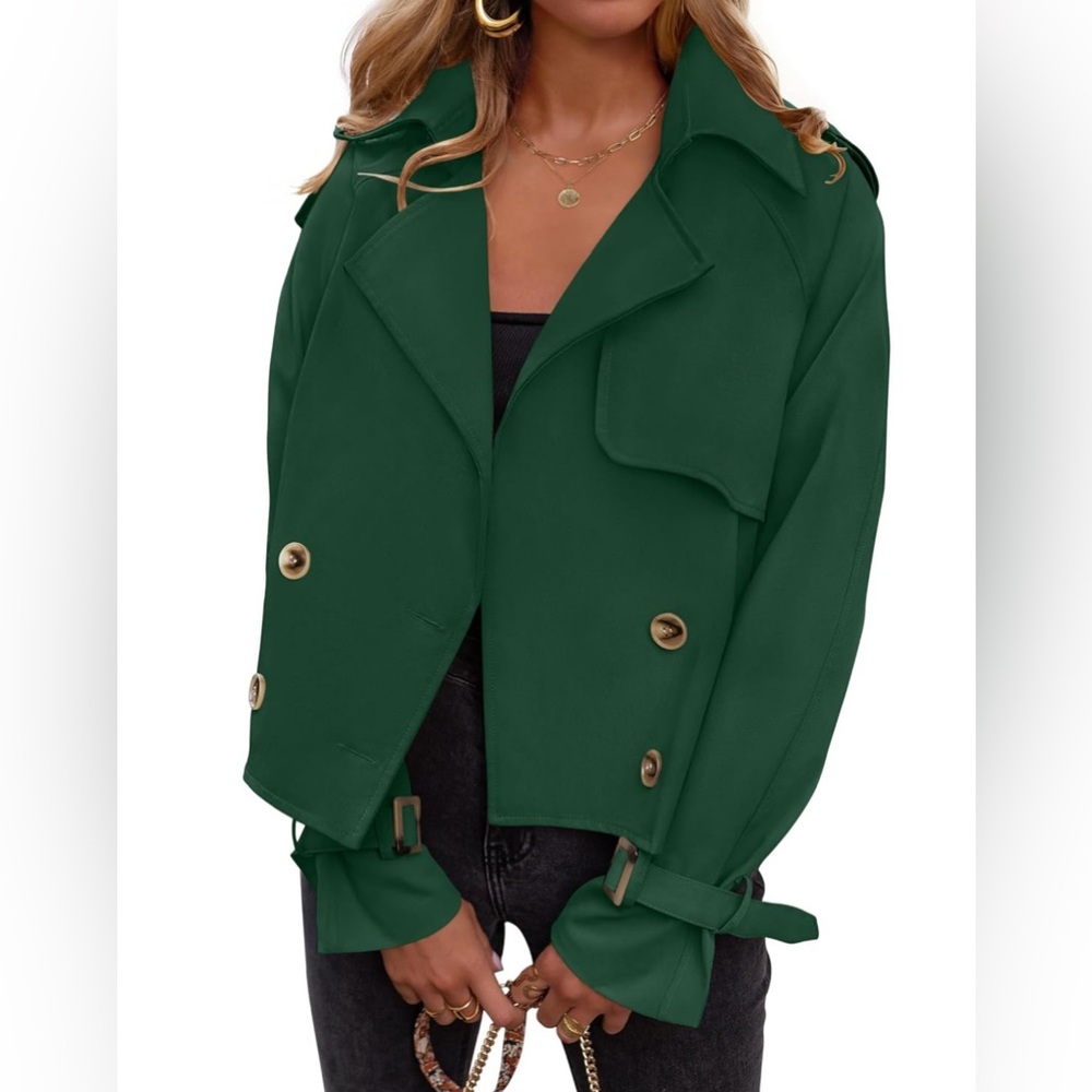 ZESICA Crop Trench Coat Lapel Double Breasted Loose Casual Jacket with Pockets